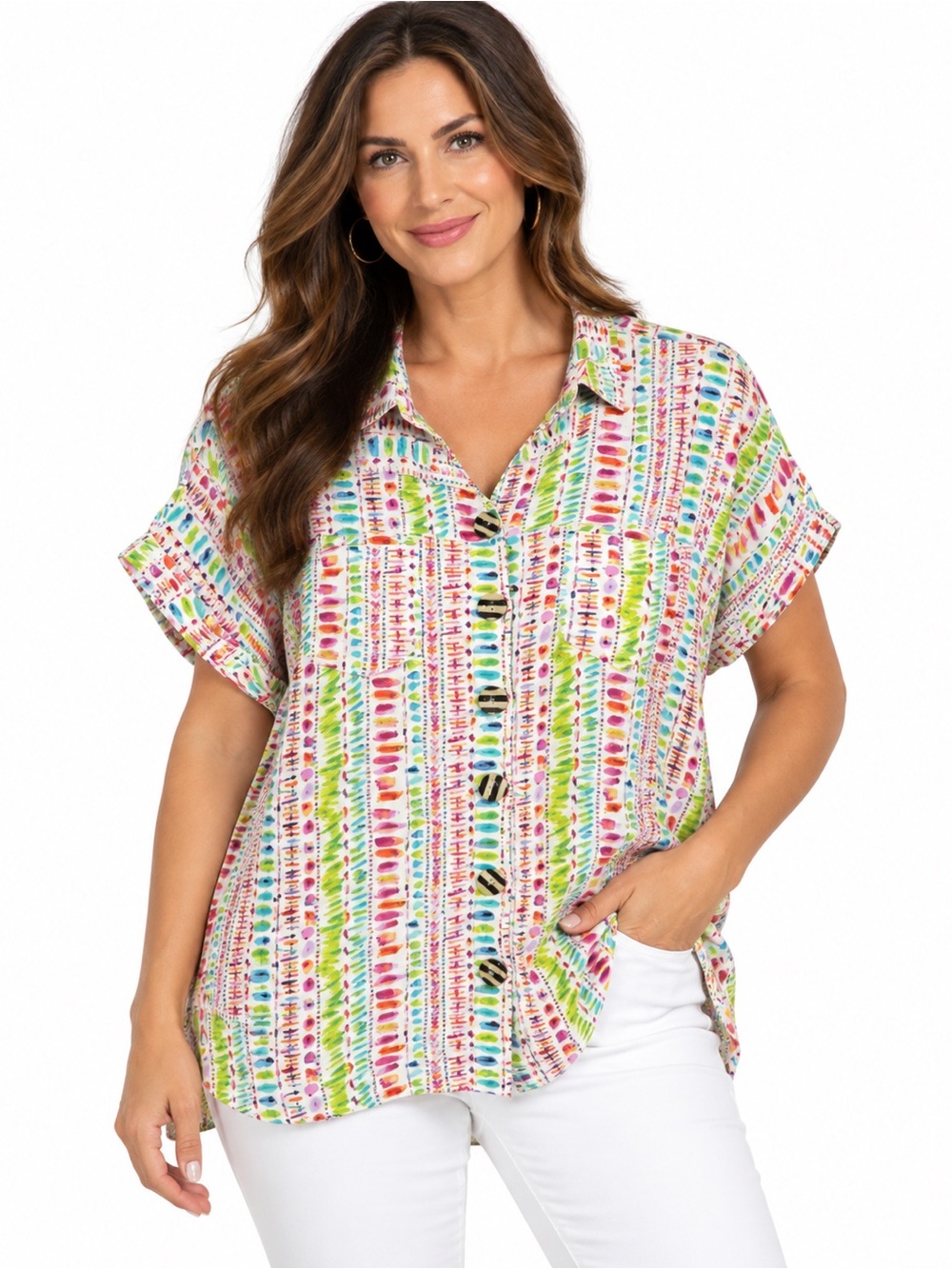John Mark Multicolor Watercolor Stripe Button-Down Top 1X